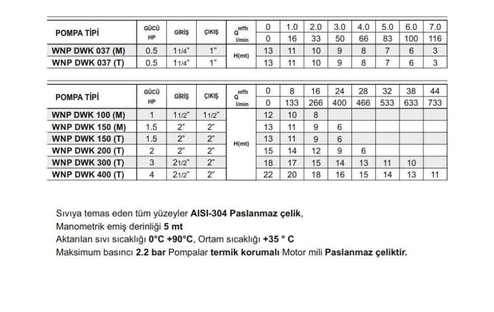Winpo WNP DWK 150 Paslanmaz Santrifüj Pompa 1.5 HP Monofaze