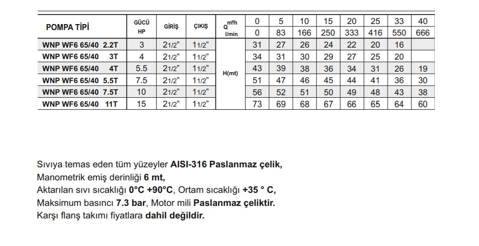 Winpo WF6 65/40-2.2 Paslanmaz Kademeli Pompa 3 HP Trifaze