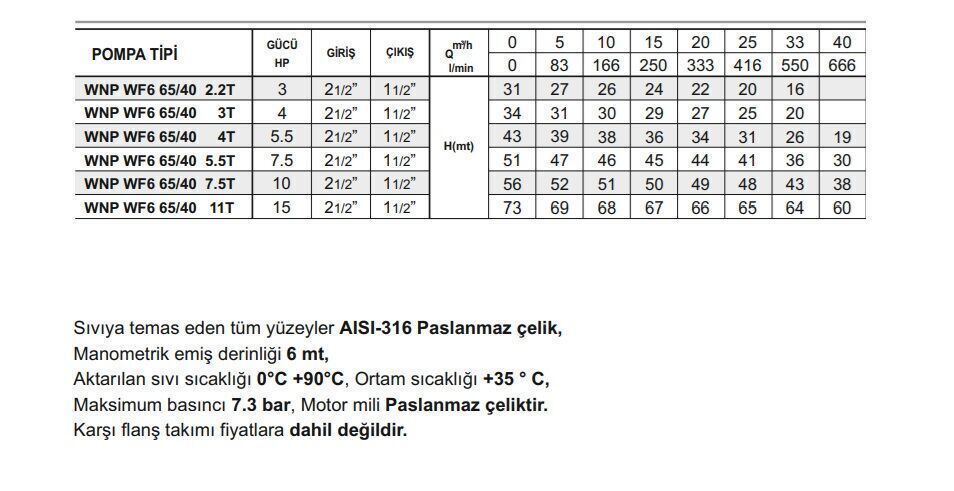 Winpo WF6 65/40-7.5 Paslanmaz Kademeli Pompa 10 HP Trifaze