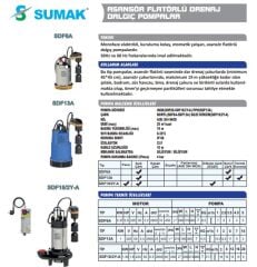 Sumak SDF18/2Y-A Asansör Flatörlü Drenaj Dalgıç Pom. 1.8 HP