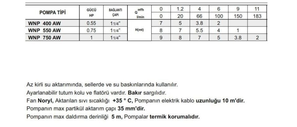 Winpo WNP 750 AW  Flatörlü Drenaj Dalgıç Pompa 1 HP