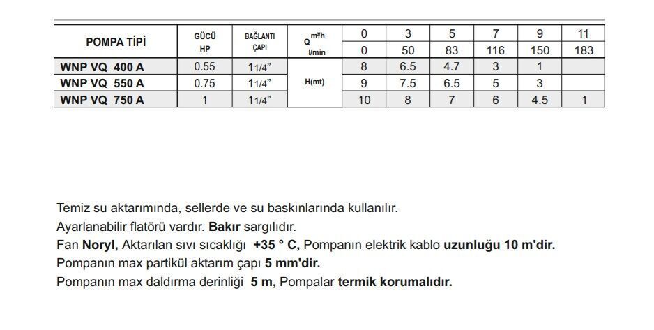 Winpo WNP VQ 750 A Flatörlü Drenaj Dalgıç Pompa 1 HP