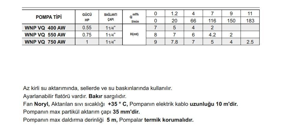 Winpo WNP VQ 750 AW Flatörlü Drenaj Dalgıç Pompa 1 HP