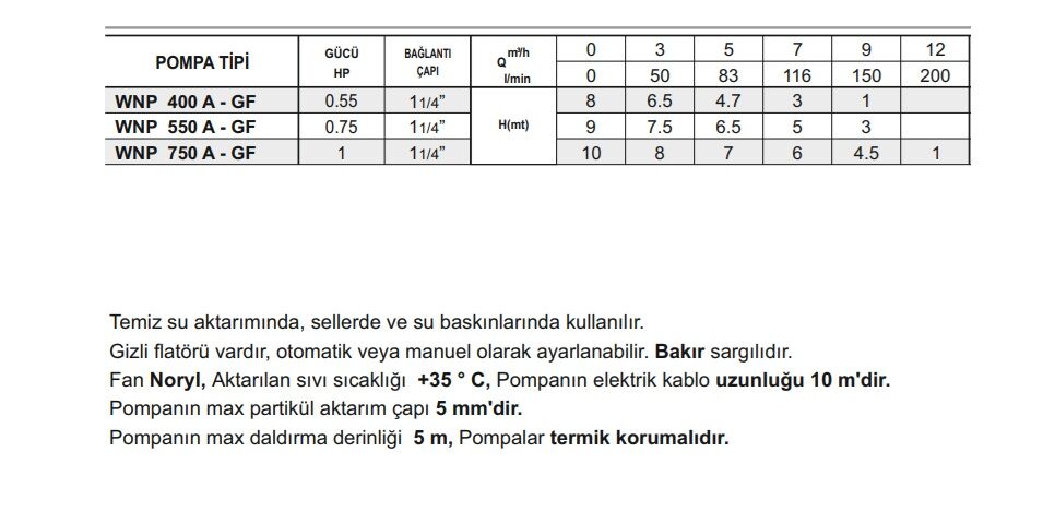 Winpo WNP 400 A - GF Gizli Flatörlü Drenaj Pompa 0.55 HP