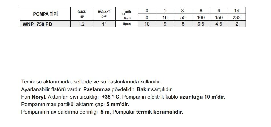 Winpo WNP 750 PD Paslanmaz Gövdeli Drenaj Pompası 1.2 HP