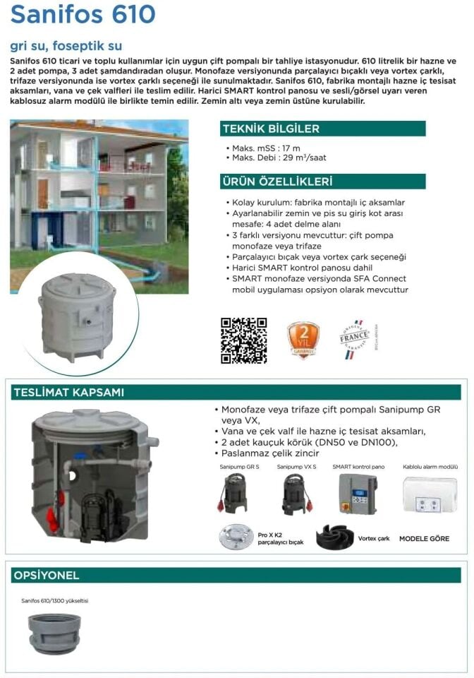 SFA Sanihydro  Sanifos 610 2VX S İkili Foseptik Tahliye İstasyonu - 610 Litre - Vorteks-380V