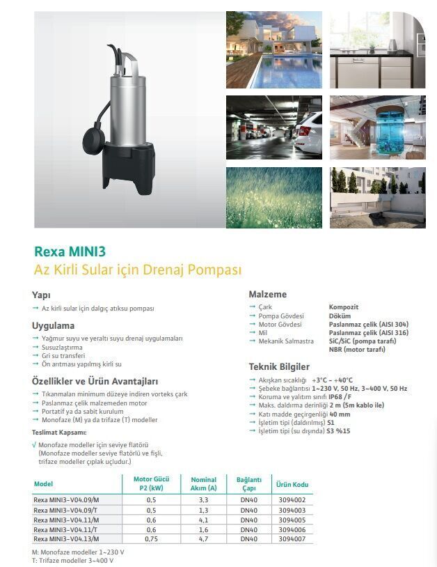 Wilo Rexa Mini 3-V04.09/T Atık Su Pompası - Vorteks Çarklı