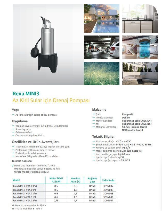 Wilo Rexa Mini 3-V04.11/T Atık Su Pompası - Vorteks Çarklı