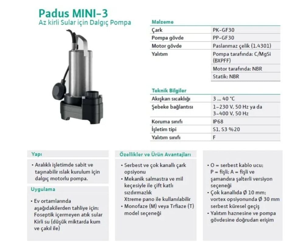Wilo Padus MINI3-Padus MINI3-V04.12/M08-523/P-10M Drenaj Dalgıç Pompası