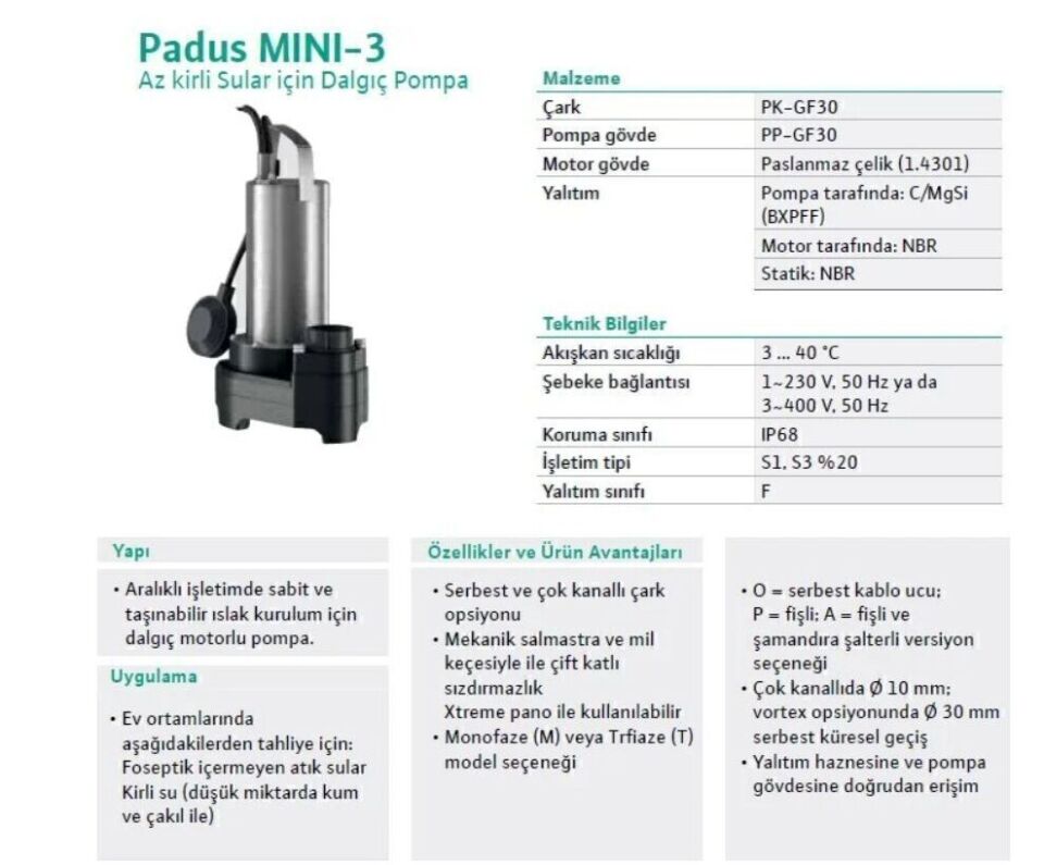 Wilo Padus MINI3-Padus MINI3-M04.10/M05-523/P-10M Drenaj Dalgıç Pompası