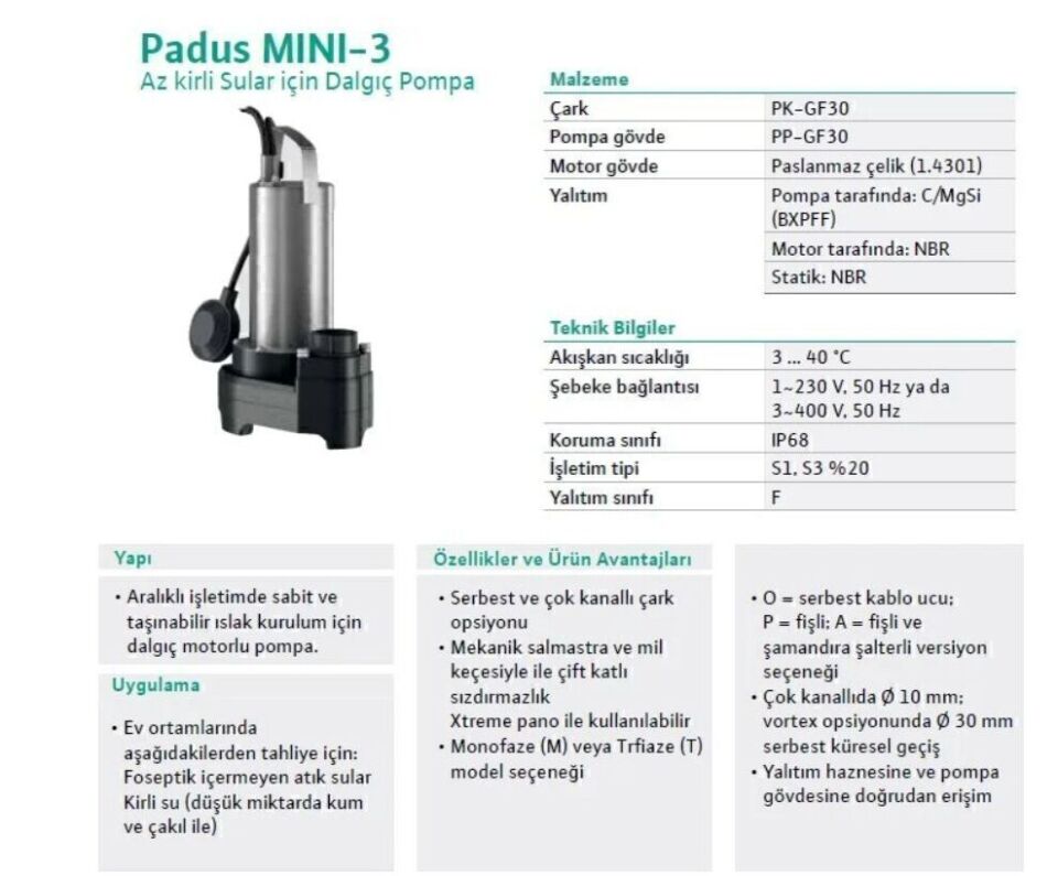 Wilo Padus MINI3-Padus MINI3-M04.10/M05-523/A-10M Drenaj Dalgıç Pompası