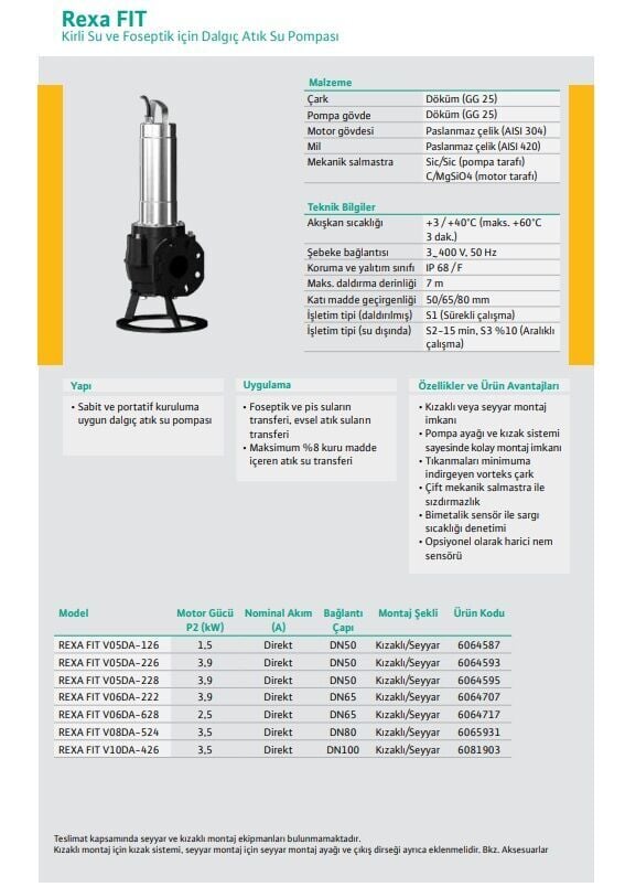 Wilo Rexa FIT V05-226A/21T039-540/O Paslanmaz Kirli Su Ve Foseptik Dalgıç Atık Su Pompası