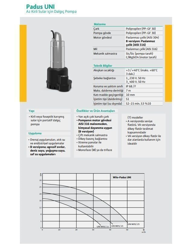 Wilo Padus UNI M05A/T015-540/O Az Kirli Sular İçin Portatif Dalgıç Pompa