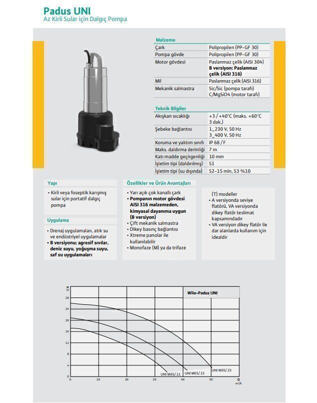 Wilo Padus UNI B M05B/T011-540/O Az Kirli Sular İçin Portatif Dalgıç Pompa