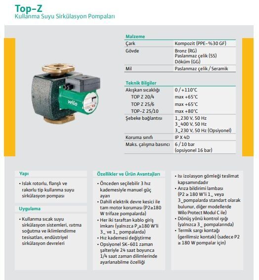 Wilo Top Z 20/4-T SS PN10 Re Sirkülasyon Pompası