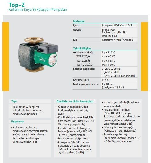 Wilo Top Z 25/6-M SS PN10 Re Sirkülasyon Pompası