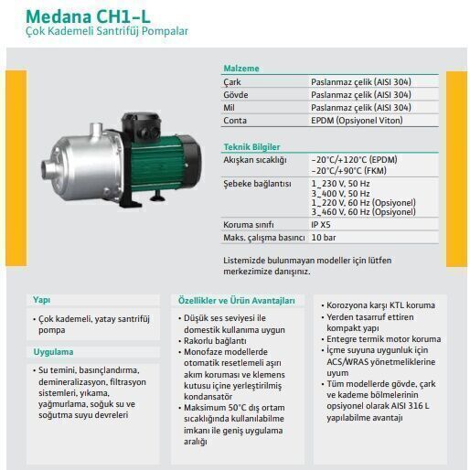 Wilo Medana CH1-L.405-1/E/A/10T Yatay Çok Kademeli Santrifüj Pompa