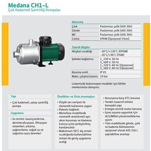 Wilo Medana CH1-L.1003-1/E/A/10T Yatay Çok Kademeli Santrifüj Pompa