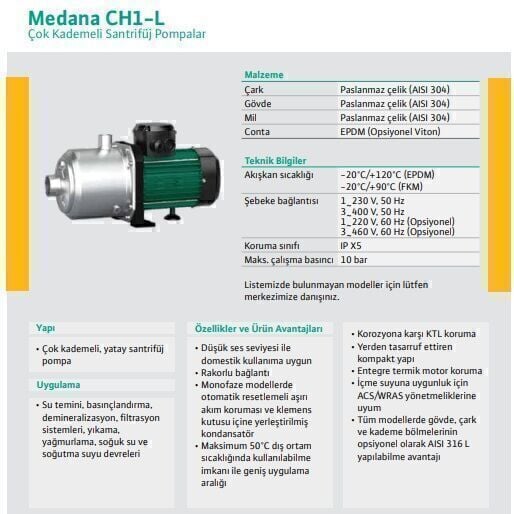 Wilo Medana CH1-L.1005-2/V/E/10T Yatay Çok Kademeli Santrifüj Pompa
